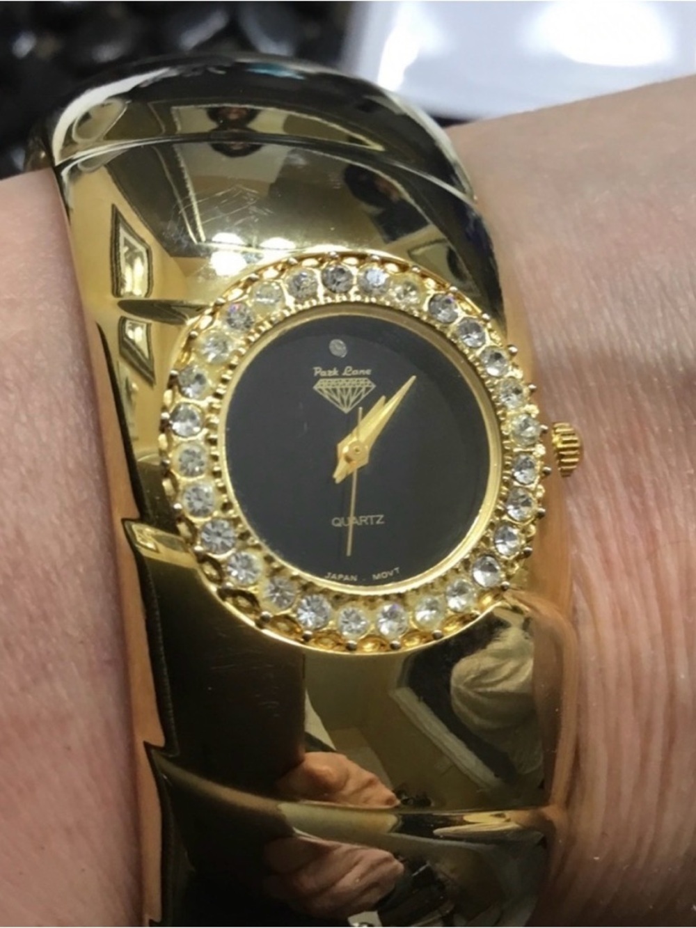 Park Lane Gold Cuff Quartz Watch Black Dial Crystal Bezel Accents Vintage